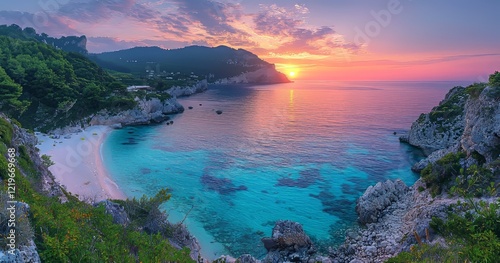 The breathtaking panorama of a summer evening's sunset at Mirtos beach in Greece