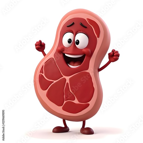 a cute delicious juicy beef steak with eyes and mouth happy cheerful 3D animation illustration bland background 02