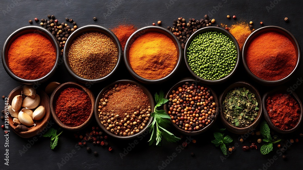 Aromatic Spices Arranged in Bowls on Dark Surface Aromatic Spices Arranged in Bowls on Dark Surface