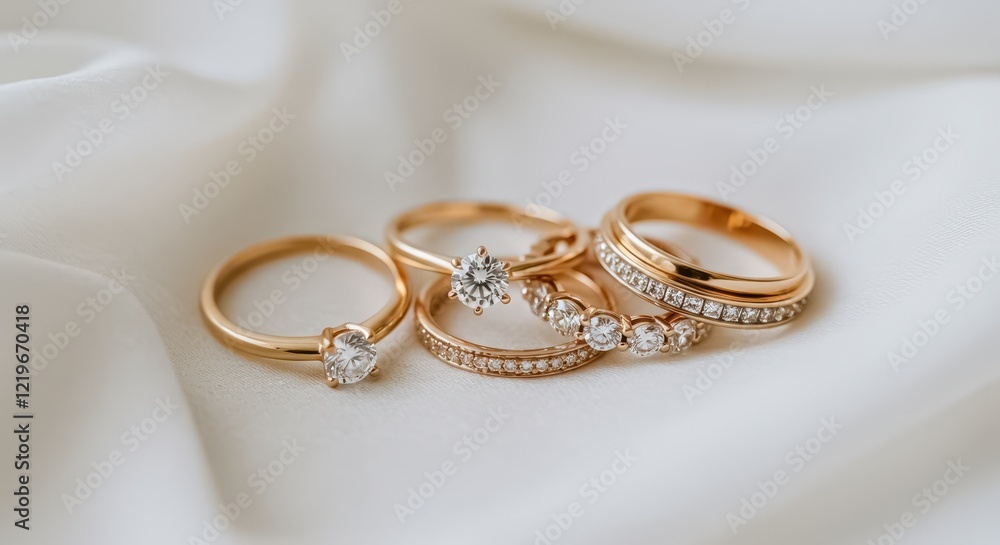 A close-up of three rings lying on a soft white fabric A close-up of three rings lying on a soft white fabric