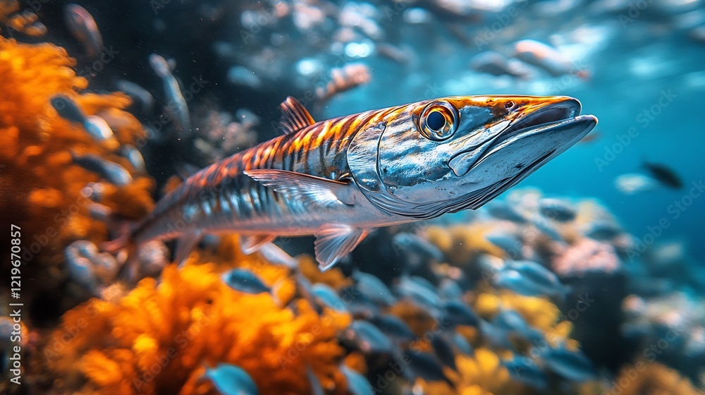 Fototapeta premium A vivid underwater shot of a barracuda hunting in a school of fish