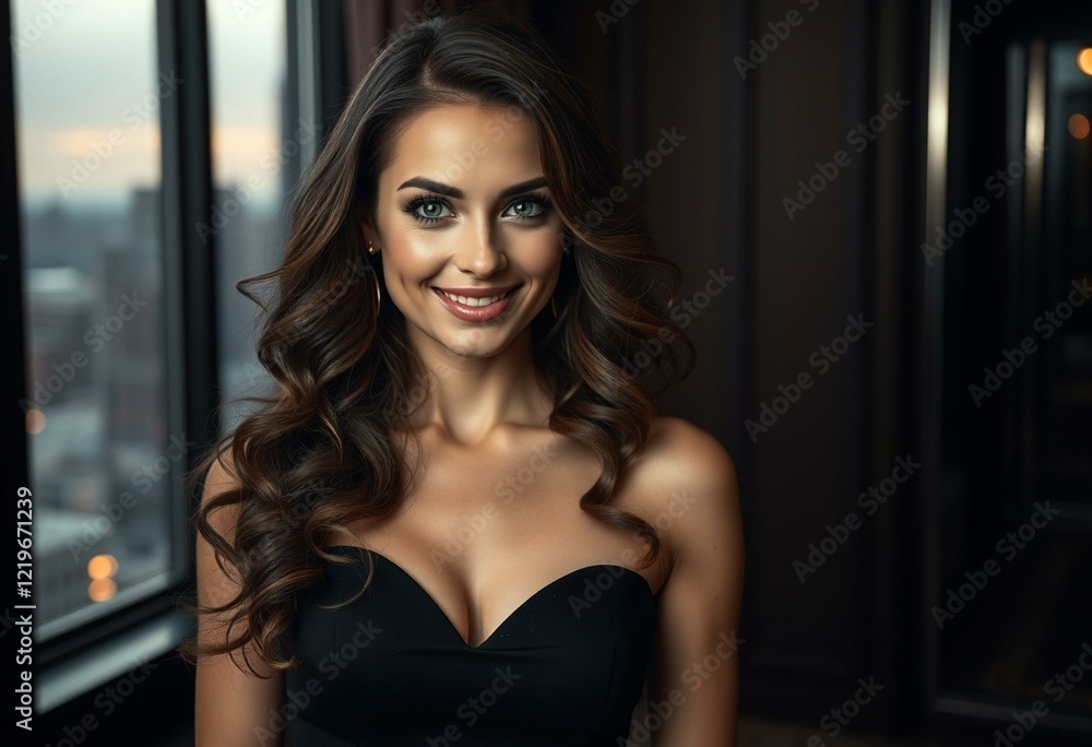 A glamorous woman with a cityscape background A glamorous woman with a cityscape background