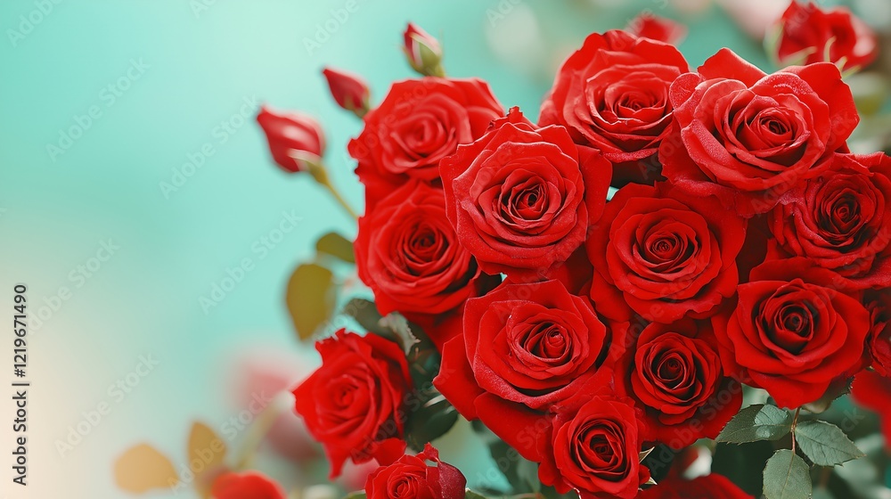 A bouquet of red roses with a blue background. The roses are arranged in a heart shape, giving the impression of love and affection A bouquet of red roses with a blue background. The roses are arranged in a heart shape, giving the impression of love and affection