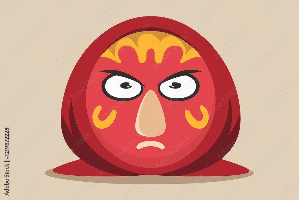 Angry red egg-shaped character with a large nose and hood, expressing fierce emotions. Angry red egg-shaped character with a large nose and hood, expressing fierce emotions.