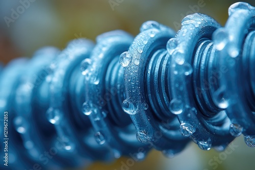 A close-up shot of a water hose with water droplets on it, great for use in illustrations or designs related to nature, conservation, or environmental themes photo