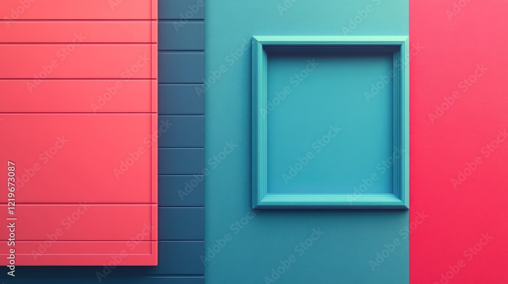 Fototapeta premium Abstract Teal, Red and Blue Minimalist Wall Art with Frame