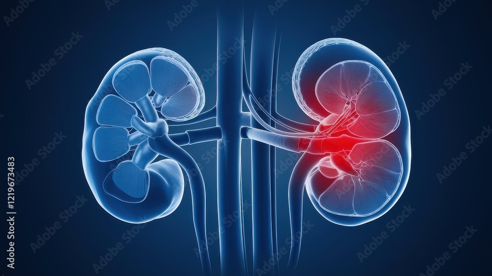 Fototapeta premium Inflammatory Kidney Disease: 3D Medical Illustration of Human Kidneys with Red Inflammation Highlighting Infection or Damage