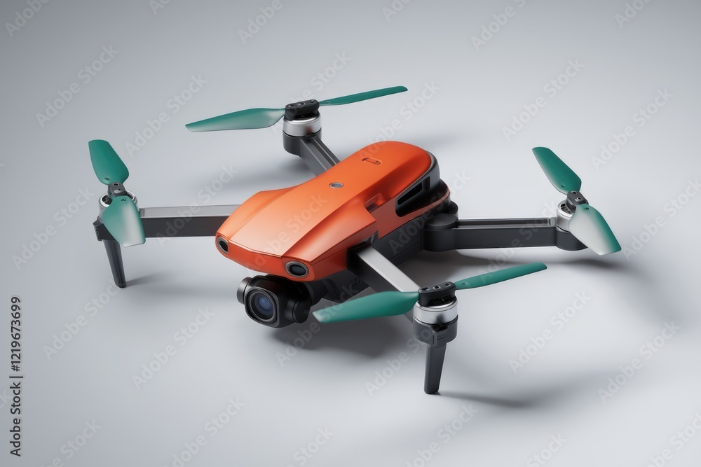 A compact orange drone with teal propellers, ready for flight. A compact orange drone with teal propellers, ready for flight.