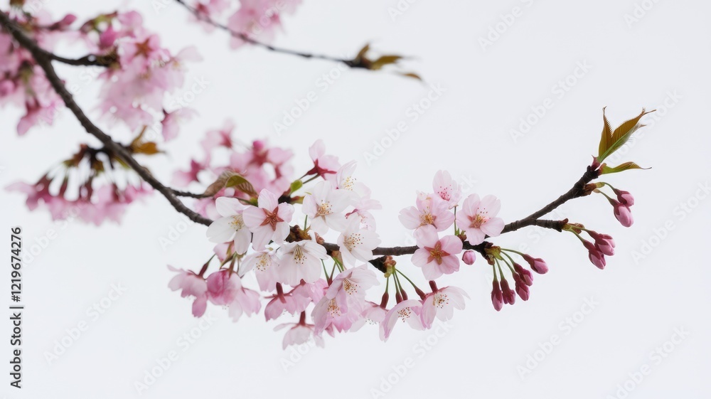 Delicate pink cherry blossoms gracefully bloom on a branch against a soft white background. Delicate pink cherry blossoms gracefully bloom on a branch against a soft white background.