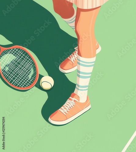 Stylish tennis scene with vintage aesthetic retro sneakers, striped socks, racket, and ball on grass court in warm sunlight and bold shadow play