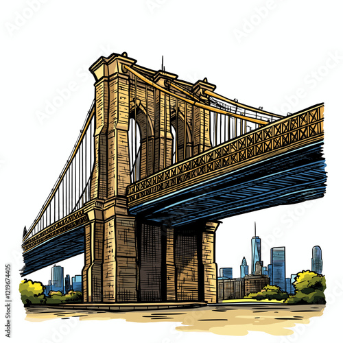 Brooklyn bridge in New York. Vector comic hand-drawn illustration of Brooklyn bridge