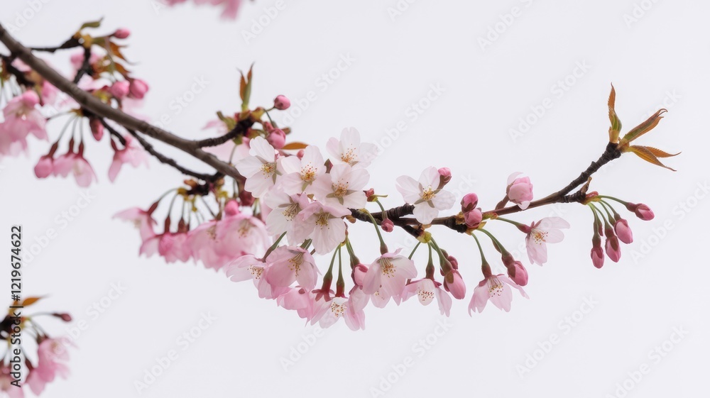 Delicate pink cherry blossoms on a branch against a soft white background. Delicate pink cherry blossoms on a branch against a soft white background.