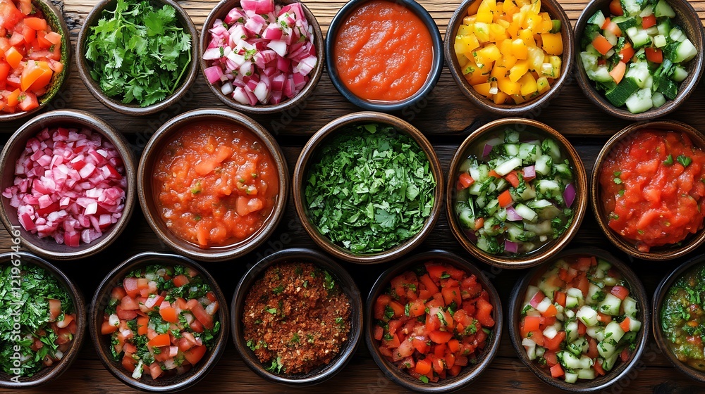 Assorted bowls of fresh salsa and ingredients Assorted bowls of fresh salsa and ingredients