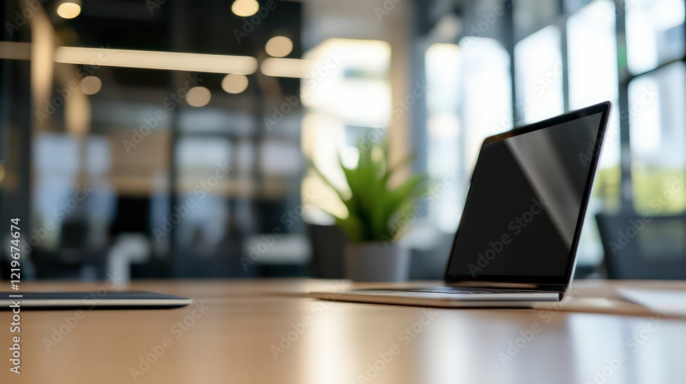 A modern office space with a wooden desk, black chair, and a small green plant, creating a minimalistic and productive environment. A modern office space with a wooden desk, black chair, and a small green plant, creating a minimalistic and productive environment.