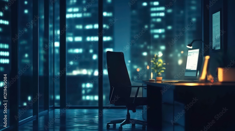 A modern office at night, illuminated by city lights, featuring a sleek desk, chair, computer, and minimalistic workspace design A modern office at night, illuminated by city lights, featuring a sleek desk, chair, computer, and minimalistic workspace design