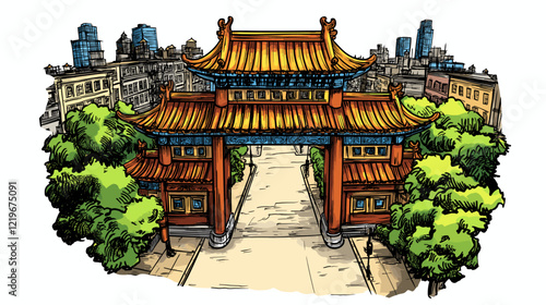 Vector comic hand-drawn illustration of Chinatown gate. Chinatown gate in New York