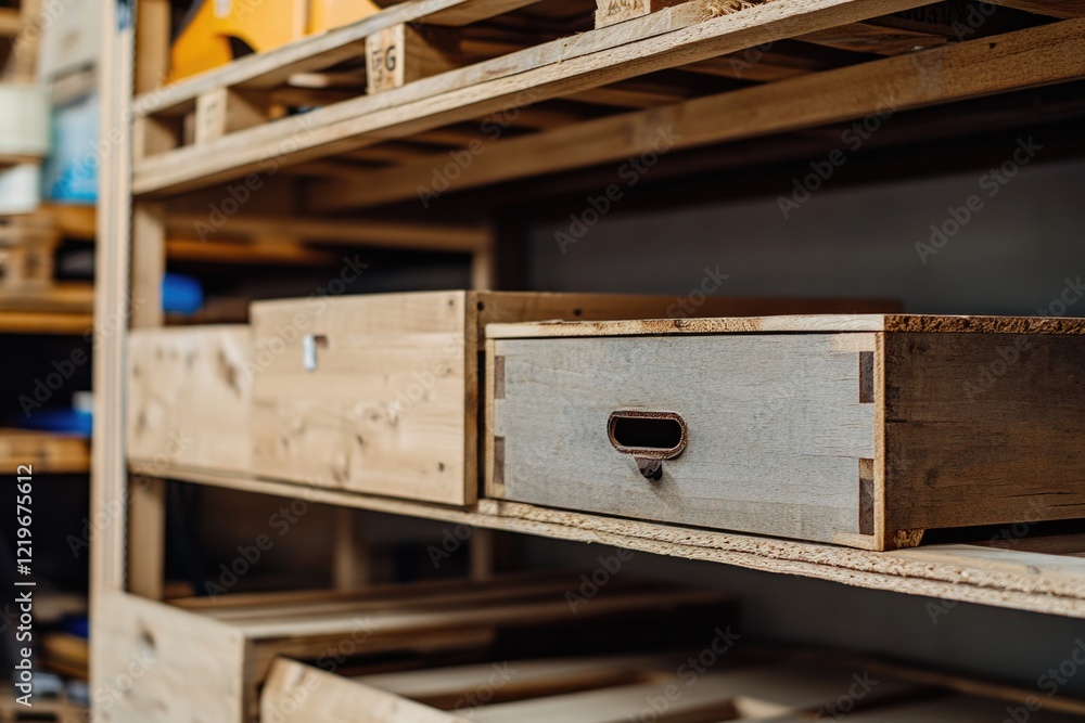 Stacked wooden storage containers on a wooden shelf Stacked wooden storage containers on a wooden shelf