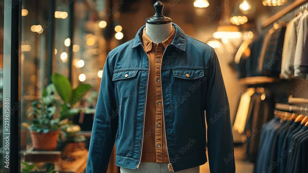 Stylish denim jacket display in elegant boutique with warm lighting and trendy ambiance Stylish denim jacket display in elegant boutique with warm lighting and trendy ambiance