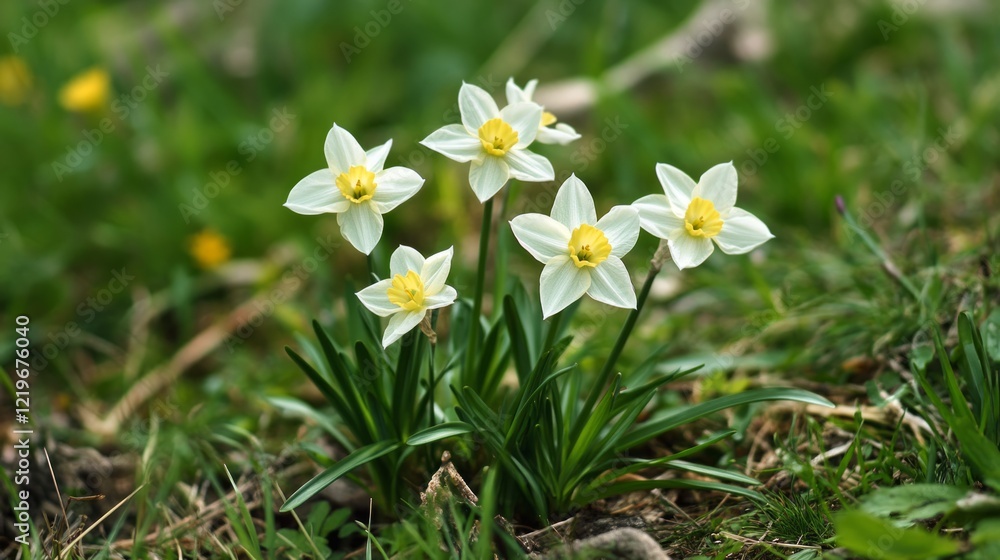 White daffodils bloom in spring meadow White daffodils bloom in spring meadow