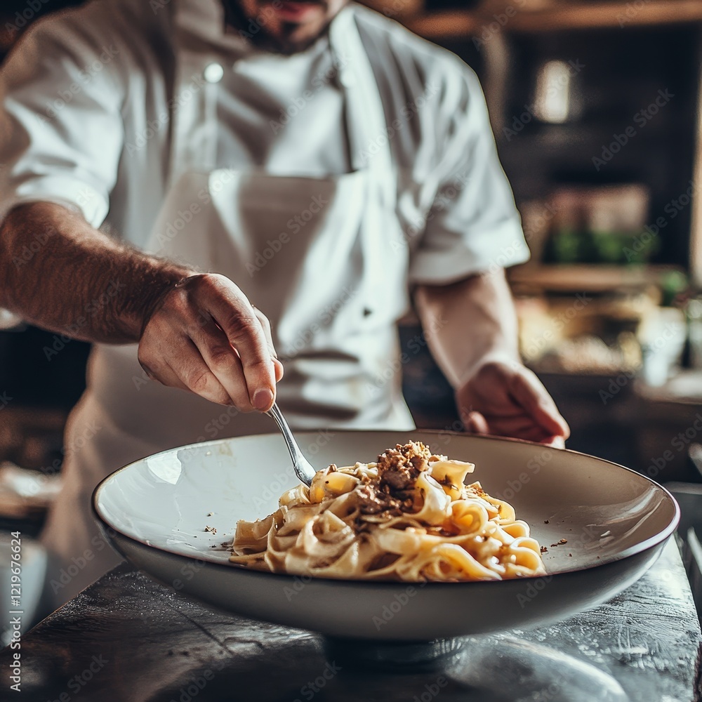 A skilled chef in action, artfully preparing a gourmet pasta dish with creamy sauce and delicate truffle topping in an elegant kitchen setting. Culinary excellence shown. A skilled chef in action, artfully preparing a gourmet pasta dish with creamy sauce and delicate truffle topping in an elegant kitchen setting. Culinary excellence shown.