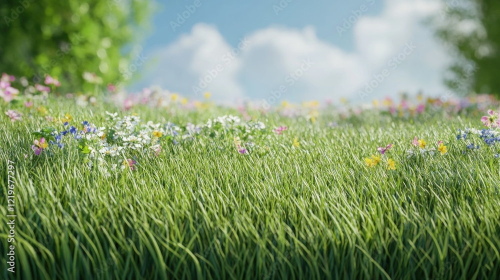 Fototapeta premium A peaceful scene with a lush green field, filled with colorful flowers under a clear blue sky