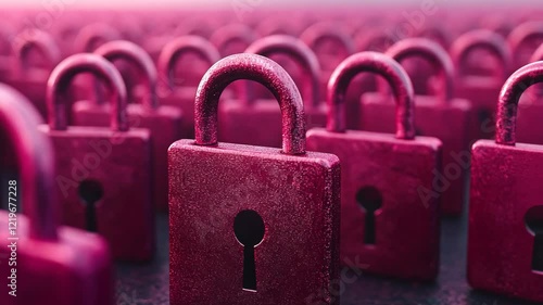 Rows of unique pink locks lined up on a dark surface create an intriguing visual puzzle for security enthusiasts and design lovers alike