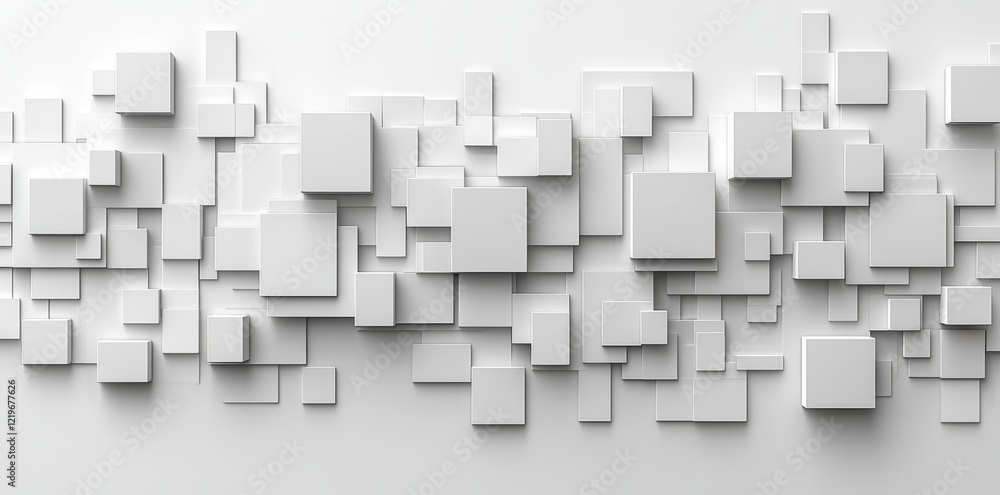 White cube boxes that randomly move and fade out block the background wallpaper banner, creating open space White cube boxes that randomly move and fade out block the background wallpaper banner, creating open space