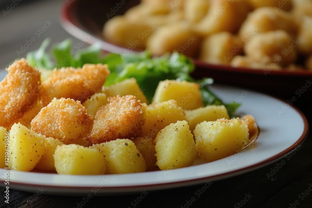 A simple meal featuring fried potatoes alongside a serving of steamed broccoli A simple meal featuring fried potatoes alongside a serving of steamed broccoli