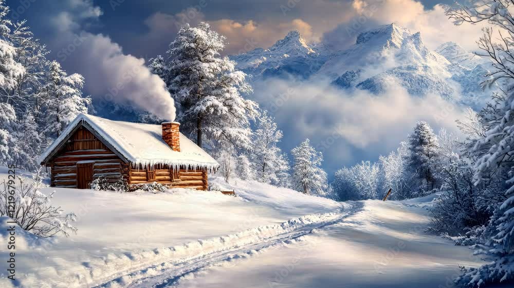 Serene winter cabin in snowy mountain landscape with smoky chimney and peaceful atmosphere Serene winter cabin in snowy mountain landscape with smoky chimney and peaceful atmosphere