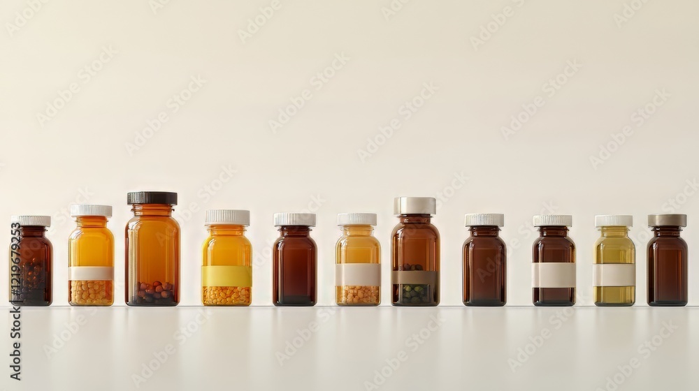 Amber bottles with pills aligned Amber bottles with pills aligned