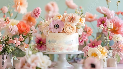 A birthday party featuring a cake with edible watercolor art and pastel decor