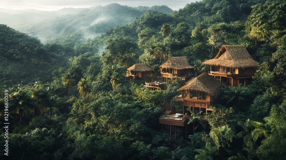 Tropical villas nestled in lush jungle Tropical villas nestled in lush jungle