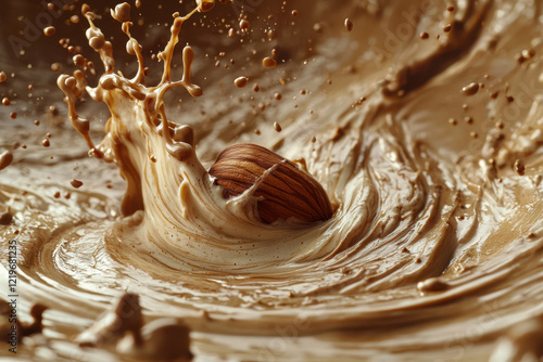 Swirls of rich chocolate enveloping a lone almond at the heart of a culinary masterpiece created in the kitchen photo