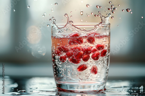 Refreshment in motion as vibrant berries create splashes in sparkling water during a sunny afternoon indoors