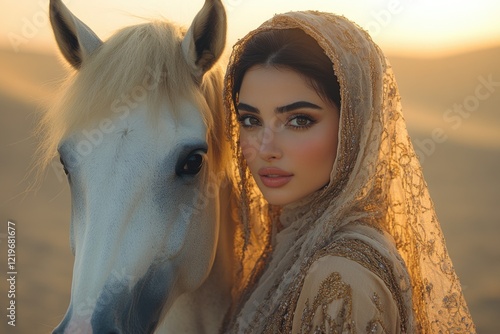 A veiled woman stands beside a majestic white horse