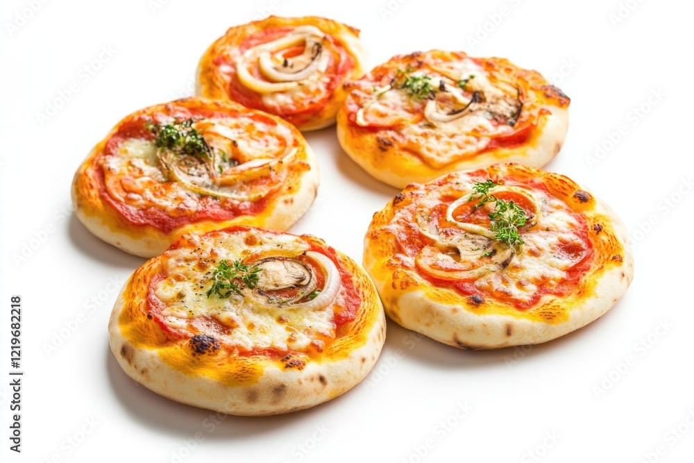 Freshly baked mini pizzas arranged on a clean white surface, perfect for food presentation or styling Freshly baked mini pizzas arranged on a clean white surface, perfect for food presentation or styling