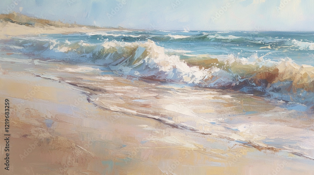 impressionism oil painting with thick impasto brush strokes of waves on a sandy beautiful beach with puffy clouds. using muted browns, blues, and white. impressionism oil painting with thick impasto brush strokes of waves on a sandy beautiful beach with puffy clouds. using muted browns, blues, and white.