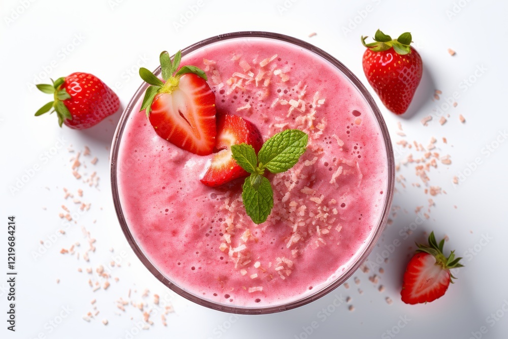 Refreshing strawberry smoothie delights with hints of coconut on a sunny day. Generative AI Refreshing strawberry smoothie delights with hints of coconut on a sunny day. Generative AI