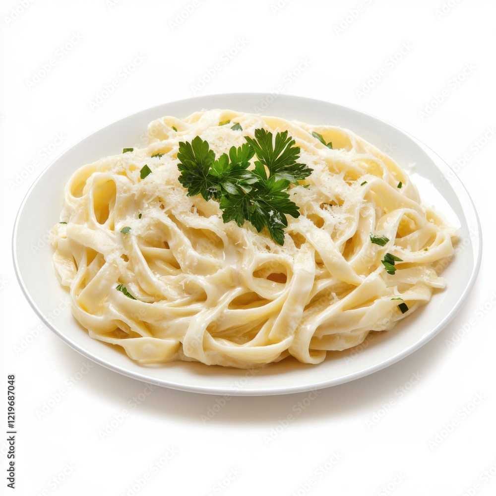 A plate of freshly made fettuccine alfredo with parmesan cheese and parsley, isolated white background, traditional art style A plate of freshly made fettuccine alfredo with parmesan cheese and parsley, isolated white background, traditional art style
