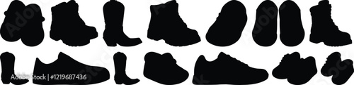 Boot silhouettes set, shoe pack of vector silhouette design, isolated background
