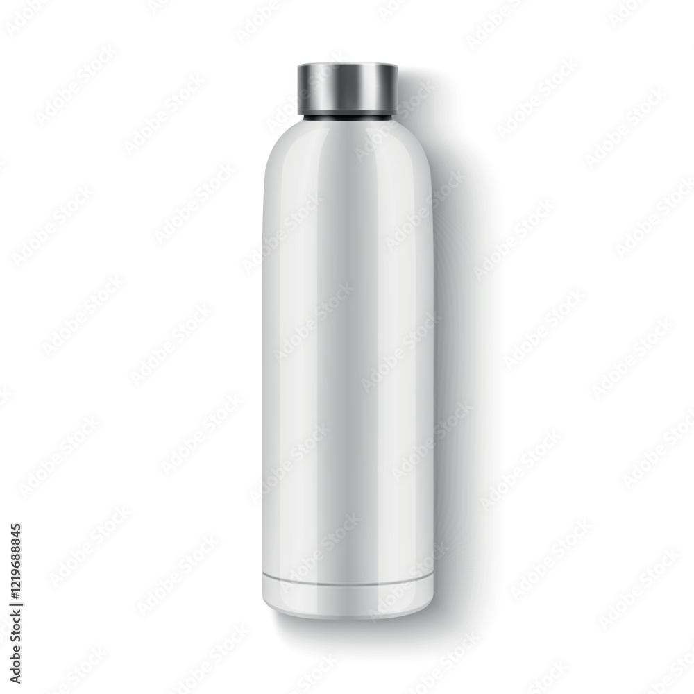 Vector Realistic 3D Blank Glossy Reusable Water Bottle with Steel Bung Closeup Isolated. Design Template of Packaging Mockup. Front View Vector Realistic 3D Blank Glossy Reusable Water Bottle with Steel Bung Closeup Isolated. Design Template of Packaging Mockup. Front View