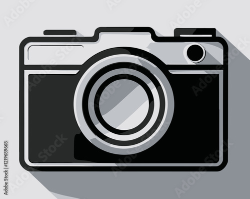 Vintage camera icon in black and white, 3D effect with shadow on gray background