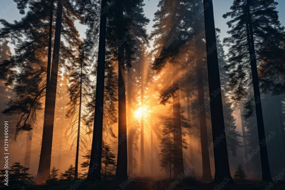 Sunlight breaks through towering trees in a misty forest at dawn. Generative AI Sunlight breaks through towering trees in a misty forest at dawn. Generative AI