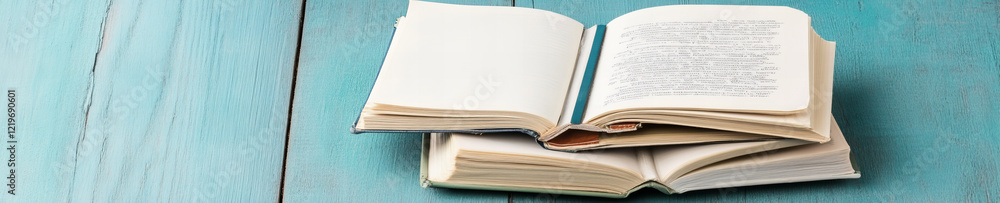 Obraz premium Open books resting on a teal wooden surface create a serene reading atmosphere ideal for study or relaxation