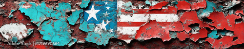 Patriotic mural featuring textured and faded American flag elements on a weathered surface