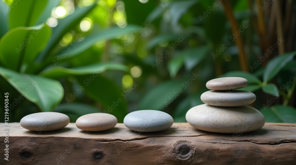 Zen Garden Serenity with Smooth Stones on Rustic Wood and Lush Tropical Foliage Zen Garden Serenity with Smooth Stones on Rustic Wood and Lush Tropical Foliage