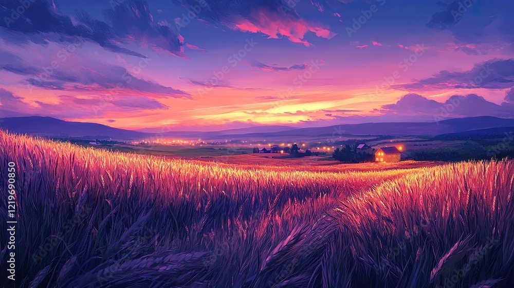 Fototapeta premium Pastoral farm landscape at twilight, with glowing, vibrant fields of wheat and distant farmhouse lights 