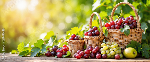 Vibrant grape harvest display with baskets and vine leaves, abundance