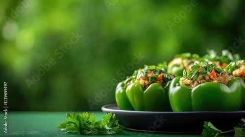 Stuffed green peppers recipe kitchen food photography natural light close-up healthy eating photo