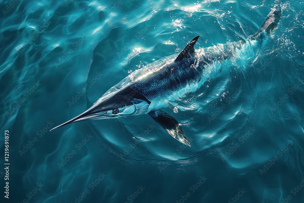 Fototapeta premium Here's a 10-word description of the image: Oceanic swordfish swims,